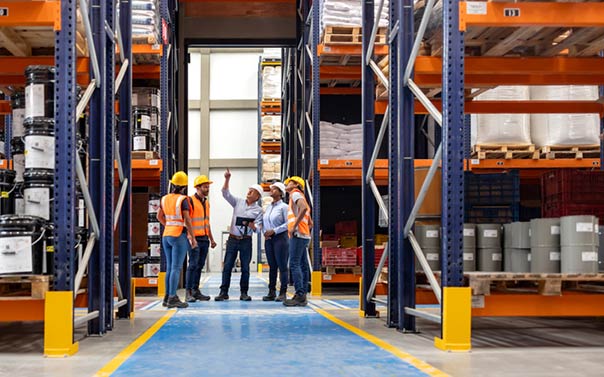 A group of warehouse managers counting inventory